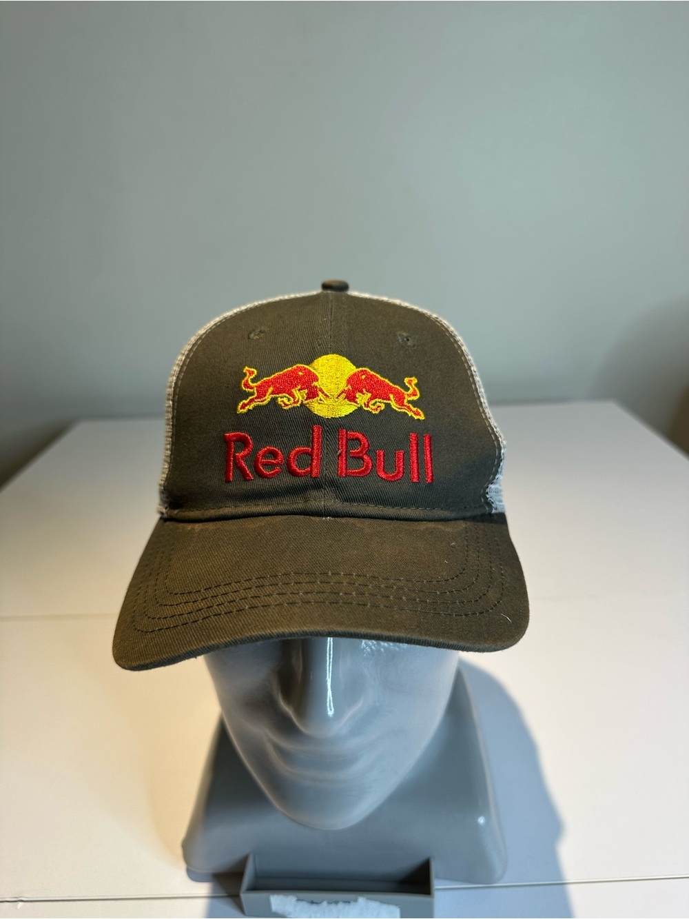 Red Bull Embroidered Logo Trucker Hat - Olive with Red & Yellow